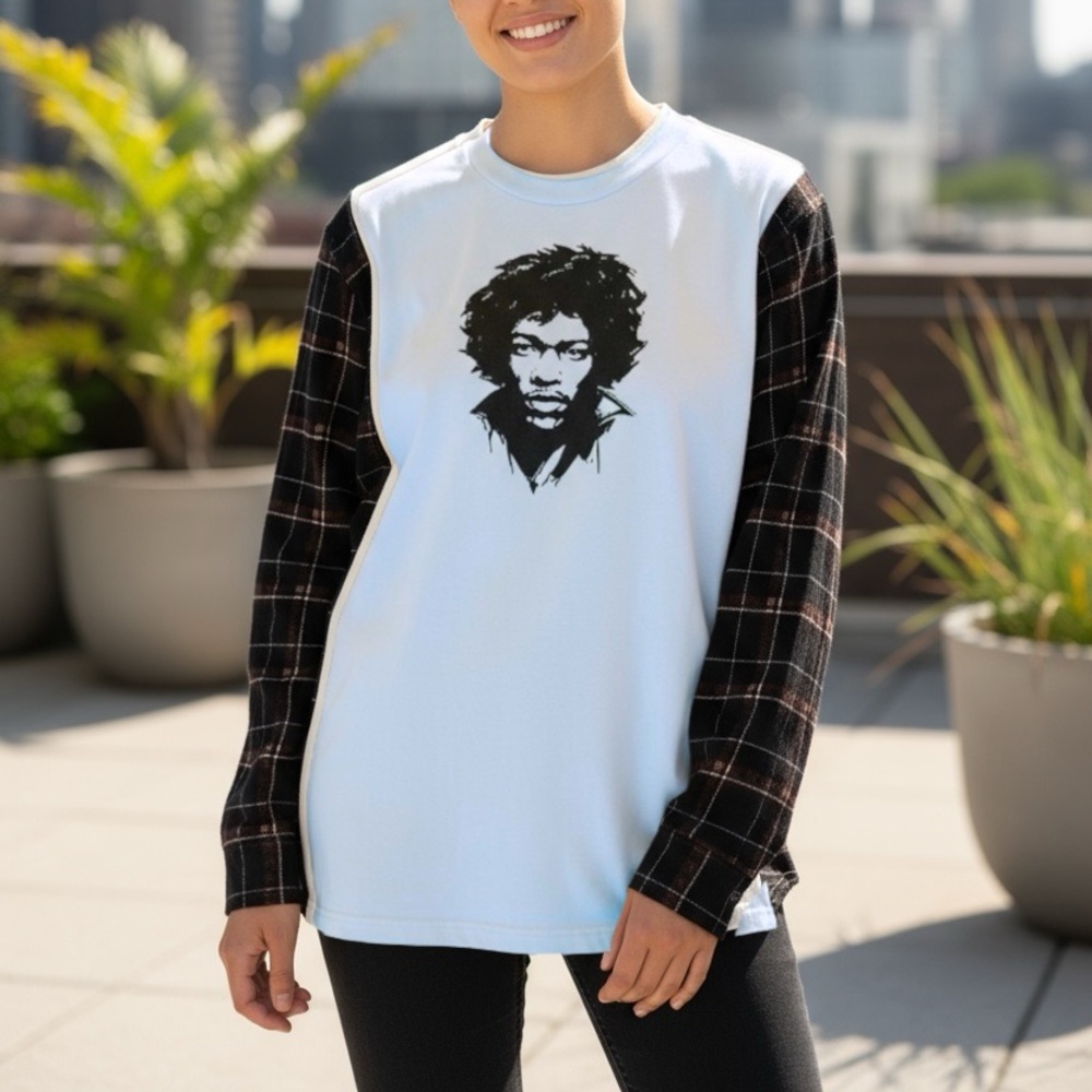 Upcycled Jimi Hendrix band tee combined a soft blue flannel men's size large